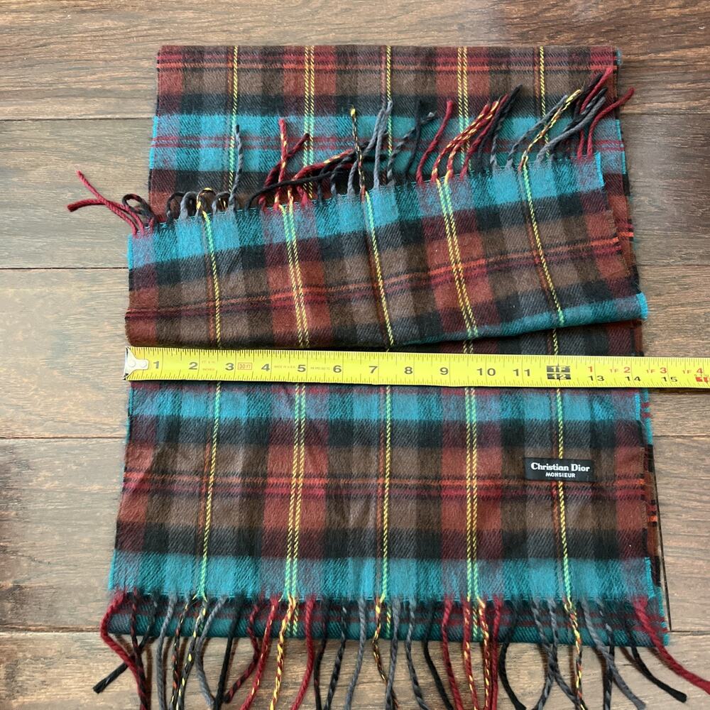 VTG Christian Dior Monsieur Plaid "Cashmaire" Acrylic Scarf Turquoise Brown Red